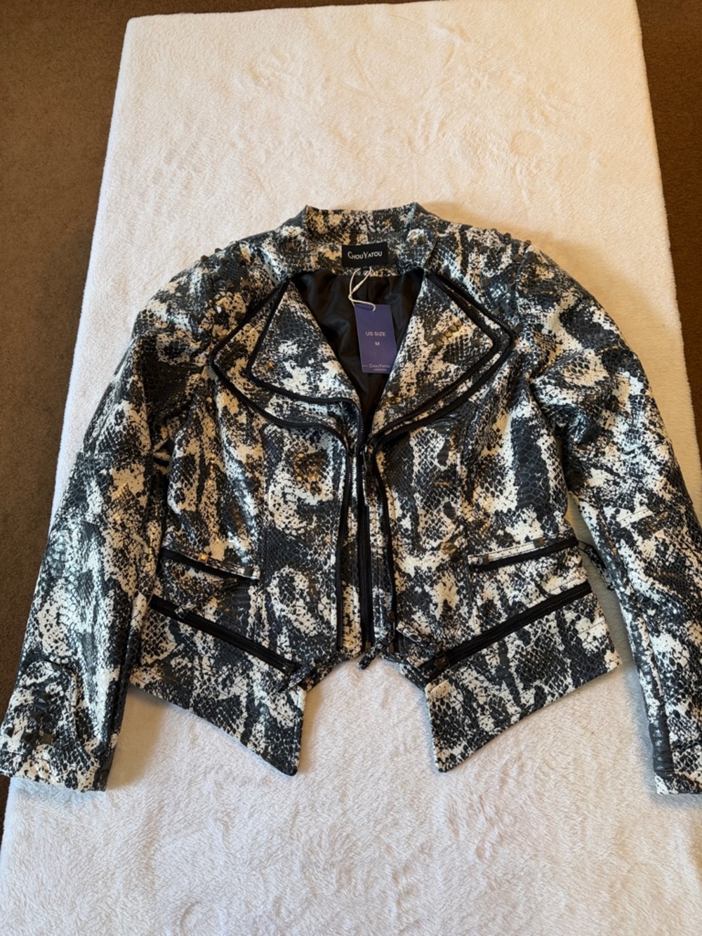 Snake-Print Faux Leather Moto Jacket in Black & White